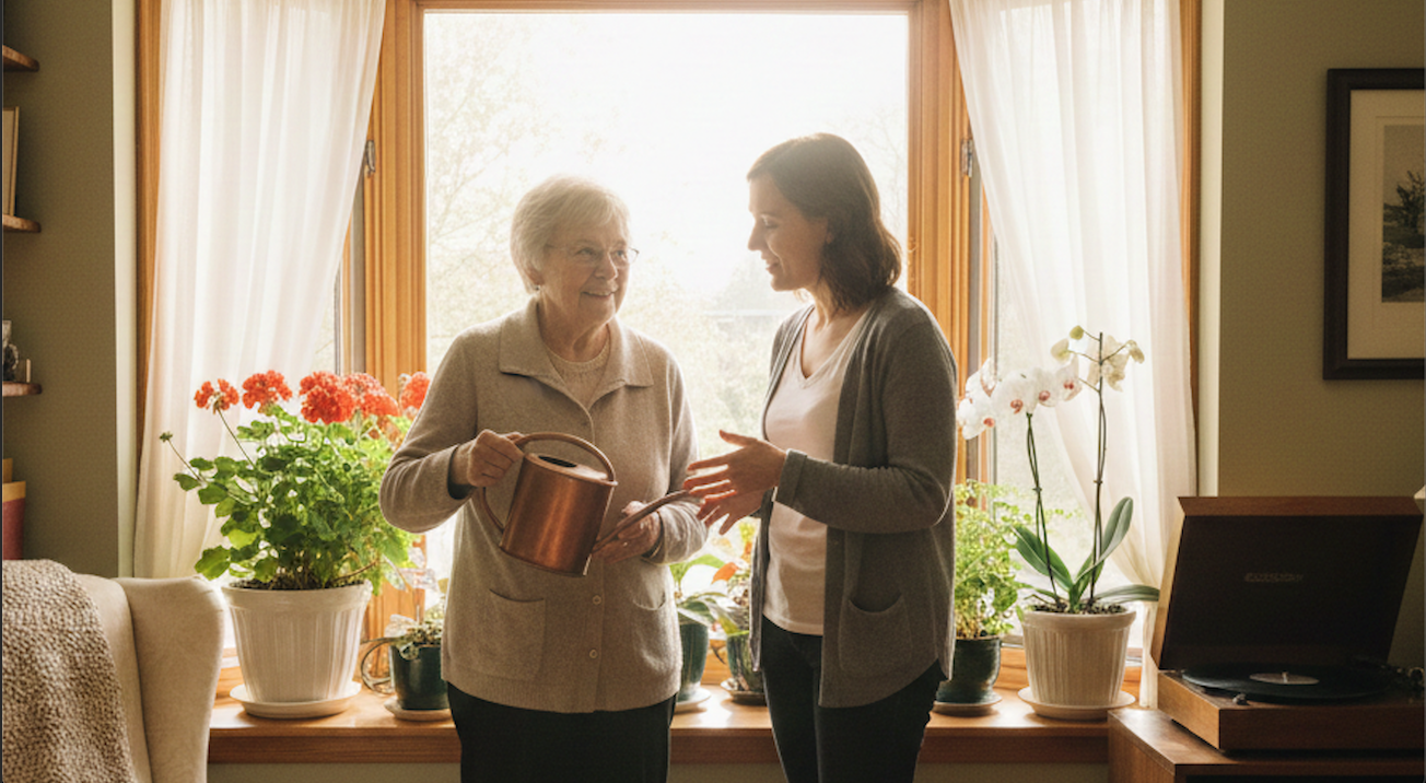 Elderly couple walking hand-in-hand through a sunlit park, smiling and enjoying each other's company